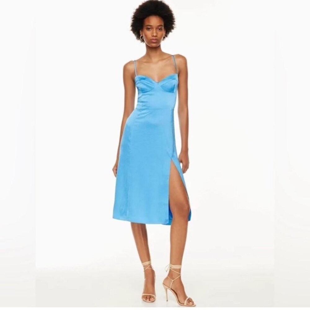 Aritzia 'Wilfred' Glaze Satin Midi Dress in Blue Wave Bustier NWOT